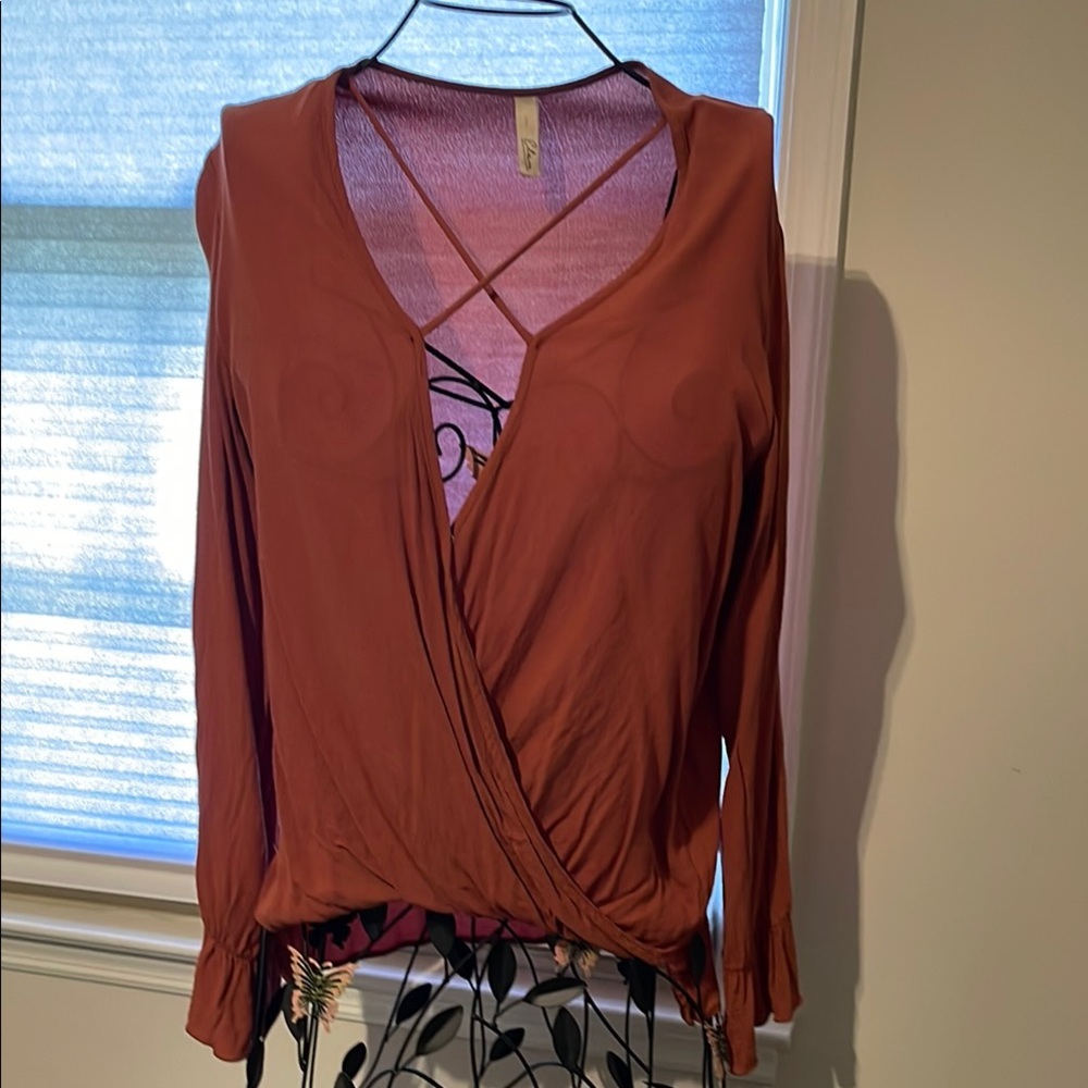 Elan Orange Wrap Blouse with Cut Out Sleeves